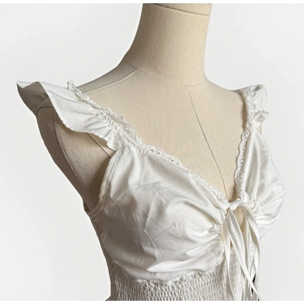 Coquette Ruffle Babydoll Top M Romantic Y2K Boho Fairy Keyhole Tie White V-Neck - Picture 2 of 9
